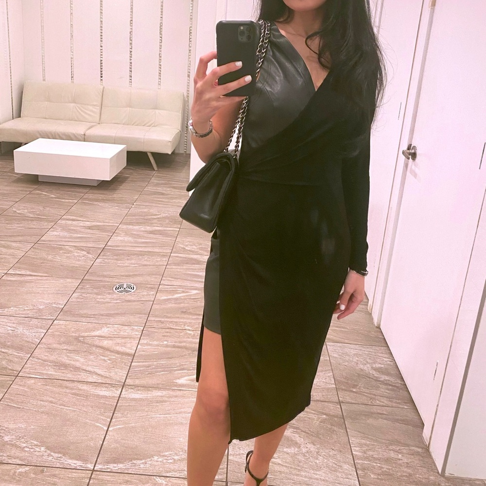Bcbg maxazria leather and knit asymmetrical cocktail dress